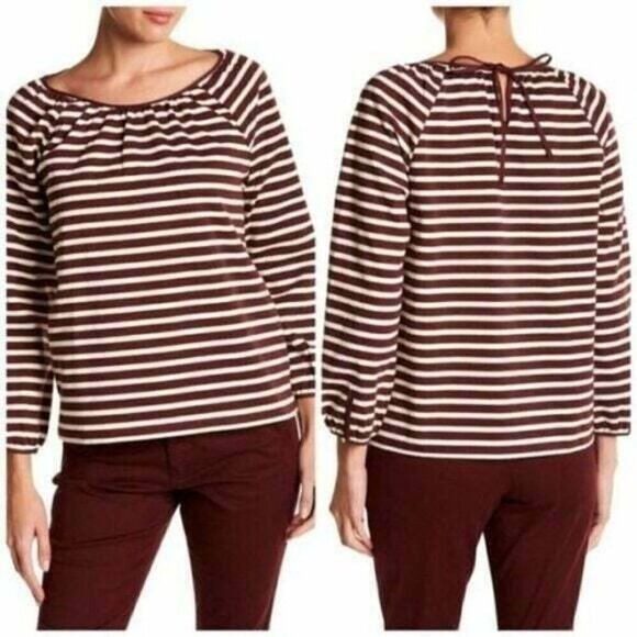 J. Crew Brown Cream Striped Boat Neck Long Sleeve Blouse Shirt Size Small NWOT - Picture 1 of 11